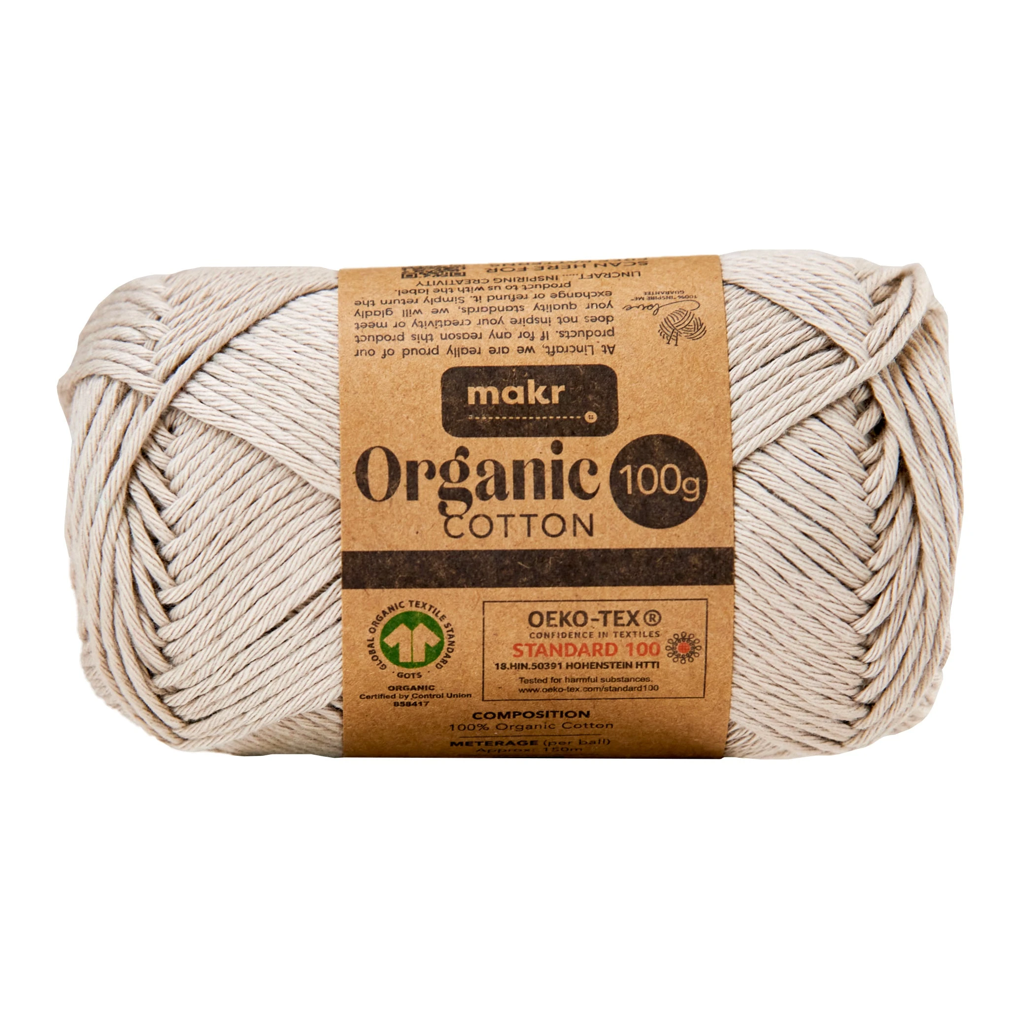 Makr Organic Cotton Crochet & Knitting Yarn, Natural- 100g Cotton Yarn