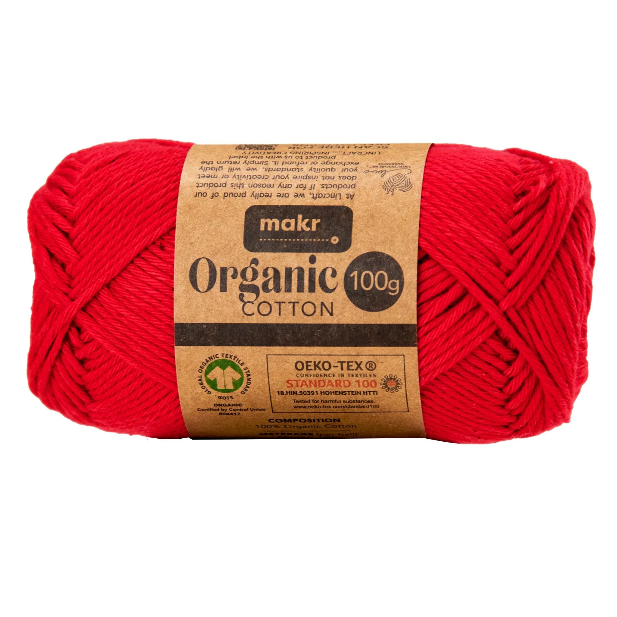 Makr Organic Cotton Crochet & Knitting Yarn, Red- 100g Cotton Yarn