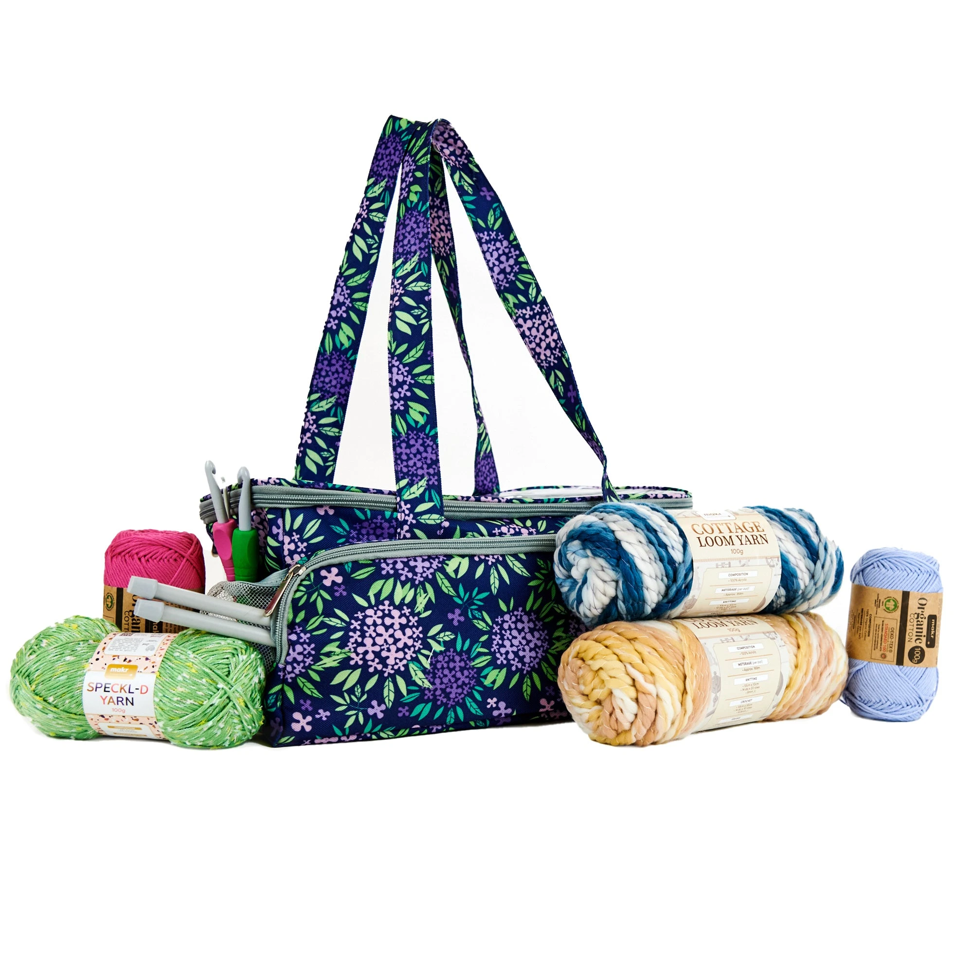 Makr Knitting Storage Bag Ultimate, Purple Floral- 38x19x18cm - Image 3