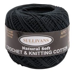 Sullivans Crochet And Knitting Yarn 4ply, Black- 50g Cotton Yarn